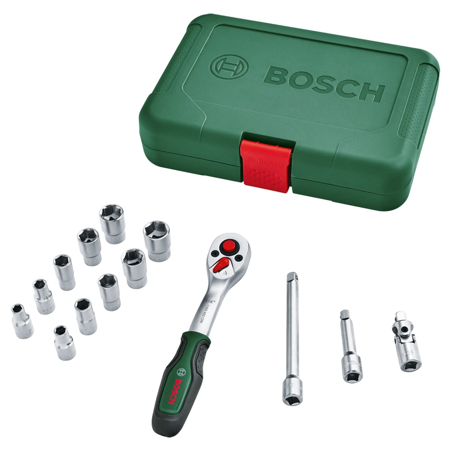 Bosch 14-Piece Ratchet / ¼ Inch Socket Set; and Versatile Socket Set for Numerous DIY Tasks; Ergonomic Handle with Soft Grip; Magnetic Bit Holder