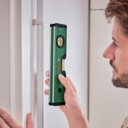 Bosch Spirit Level 25 cm (Precise Alignment with 2X Fluorescent Bubbles for Horiziontal and Vertical Reading; Metric Scale; Highly Accurate; Aluminum Body, Softgrip Bumpers; V-Groove)