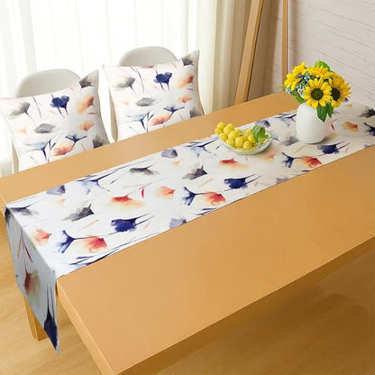 Table Runner and Cushion Covers Set, Sou Floral Pattern, Premium Linen Velvet, 1 Runner 45×140 CM Straight End and 2 Cushions 45×45 CM, Wrinkle-Resistant Fabric for Living Room or Bedroom