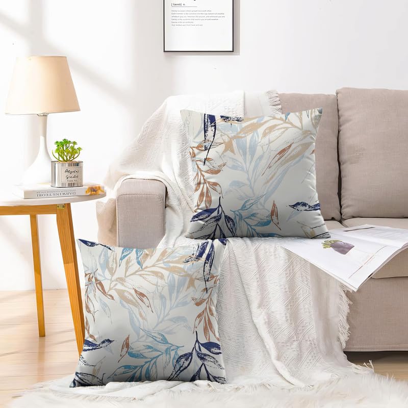 INtex CURTAINS HOUSE Printed Linen Velvet Cushion Covers, Throw Pillow Covers, Leaves Pattern Decorative Pillow Covers, Set of 2 Pieces Cafe x Brown 30W x 30L CM