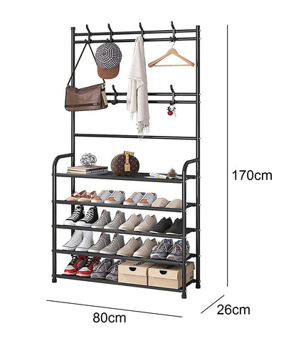 Multifunctional Entryway Coat Rack 5 Tier 3 in 1 Hall Tree Shoe Bench with Keys Hat Umbrella Stand Storage Shelves with 8 Hooks Hanger 5 Bottom Layer Organizer (170 x 80 x 26 cm/Black, Metal)