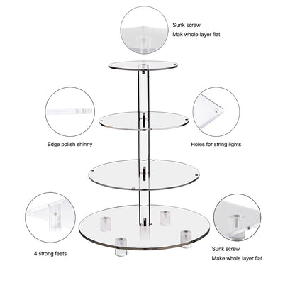 Acrylic Cupcake Stand, 4 Tier Round Display Tower with LED Light String, for Weddings, Birthday Parties, Dessert Tables, Pastry and Cake Display, 30 cm Height, Clear with Yellow Light