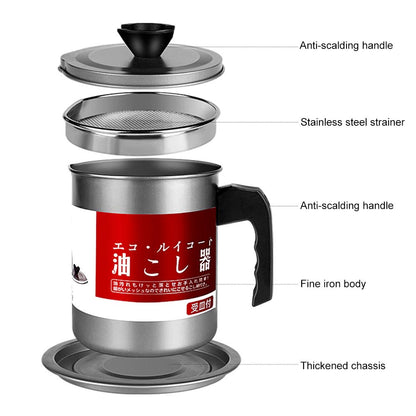 YAHUA LI Oil Strainer Pot Grease Can, 1.4 L/1.7L Stainless Steel Container w/Fine Mesh Dust-proof lid Non-slip Plate Base Suitable Easy Grip Handle, for Storing Frying Cooking