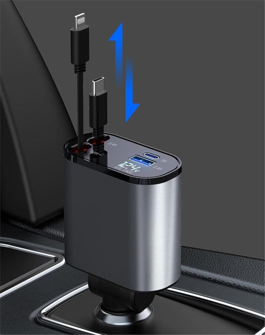 Retractable Car Charger Station, 4-in-1 Multi-Port Adapter with Dual USB-C and USB-A Outputs, Compact Cable Organizer for 12V/24V Vehicles, Phone Charging Hub, Black