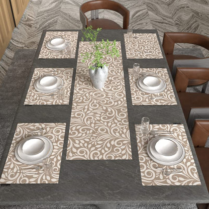 Cran Leaf 7-Piece Dining Set, includes 6 Durable Canvas Placemats (45x30 cm) and 1 Table Runner (35x140 cm), Beige & Blue, a Botanical Design to Protect and Style your Table