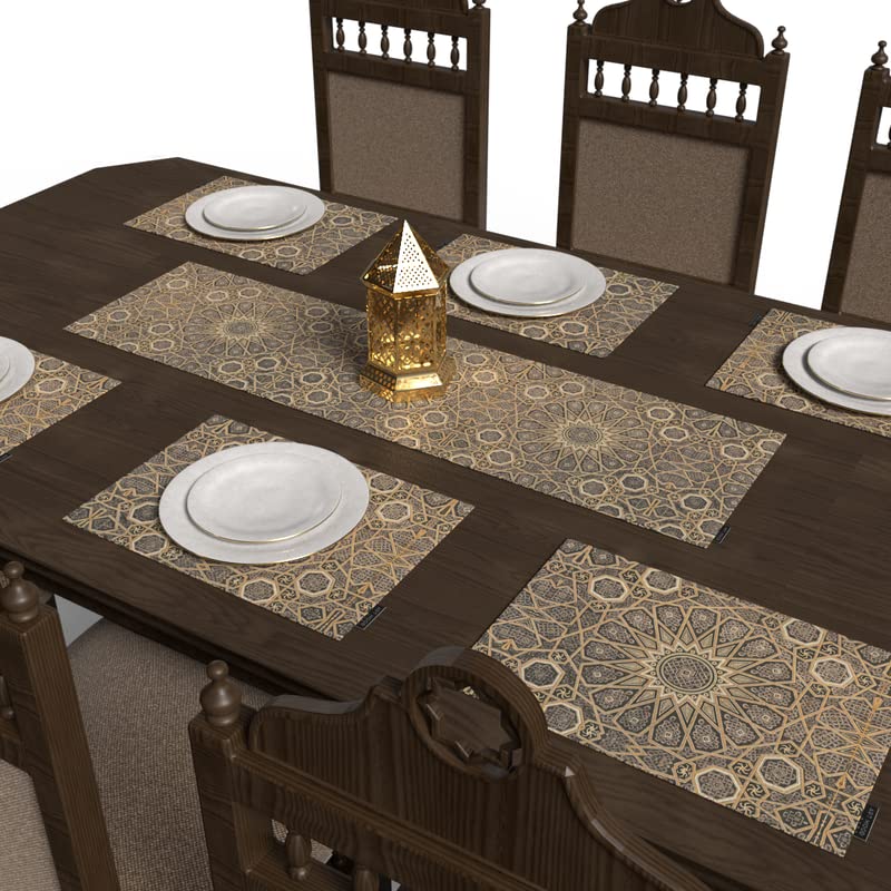 Diwan 7-Piece Dining Table Set, with 6 multicolor canvas placemats (45x30 cm) and 1 runner (35x140 cm), featuring a traditional Islamic design for an elegant, festive tablescape