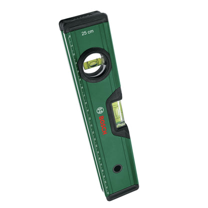 Bosch Spirit Level 25 cm (Precise Alignment with 2X Fluorescent Bubbles for Horiziontal and Vertical Reading; Metric Scale; Highly Accurate; Aluminum Body, Softgrip Bumpers; V-Groove)