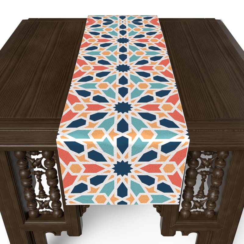 Arabesque Velvet Table Runner, a luxurious multicolor 35x140 cm table linen with an intricate Islamic pattern, an elegant centerpiece for dining tables, consoles, or festive events