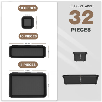 A-LuGei Pack of 32 Black Drawer Organiser, Drawer, Desk Drawers, Organiser System, Office Accessories Tool Box, Kitchen Organiser, Fridge, Dressing Table, Make Up Organiser, Cosmetics