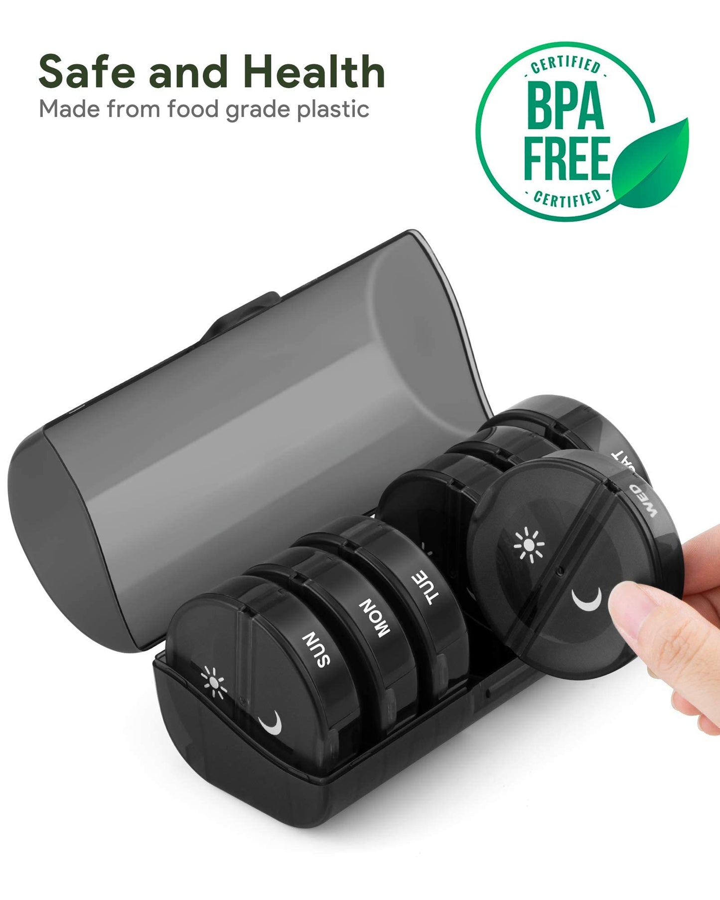 Pill Organizer 2 Times a Day, Weekly AM PM Pill Box, Large Capacity 7 Day Pill Cases for Pills/Vitamin/Fish Oil/Supplements (Black)