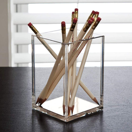 Acrylic Pen Holder, Clear Pencil and Makeup Brush Organizer, Desk Pot for Stationery and Office Supplies, Suitable for Office Desk, School and Home Use, 6.5 x 6.5 x 10 cm, Clear