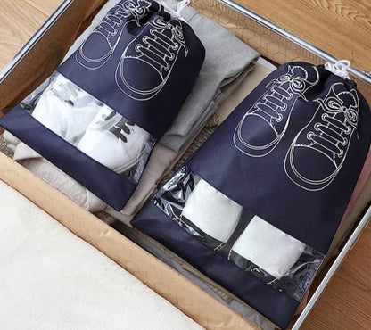 2 dark blue Travel Shoe Bag, Waterproof Dustproof, Transparent Slot and Drawstring for Gym and Travel Use 2 Blue Travel Shoe Bag, Waterproof Dustproof, Clear Window and Drawstring for Gym and Travel.