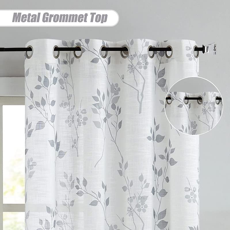 INtex CURTAINS HOUSE Rich Natural Linen curtains - Printed floral curtains- Semi-transparent - Steel grommets for living room, bedroom, kitchens, 1 piece 200 * 240 Gray