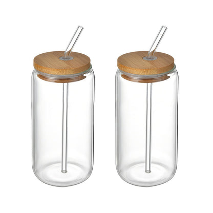 2Pcs Drinking Glasses with Bamboo Lids and Straws, Beer Can Glass Tumbler Glasses Ice Coffee Cup for Milk Coffee Ice Water Cocktail