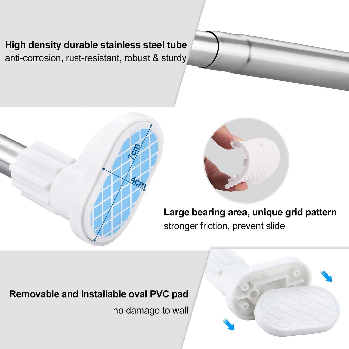 U-HOOME Curtain Rod ? Extendable Stainless Steel Curtain Pole Telescopic Tension Rod with No Drilling, Hanging Rail for Window Bathroom Shower Wardrobe Doorway, Adjustable Length 110-200 cm