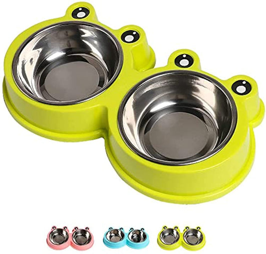 NA/ Double Dog Cat Bowls Premium Stainless Steel Pet Bowls with No-Slip Stainless Steel Cute Modeling Pet Food Water for Feeder Dogs Cats Rabbit and Pets (Green)