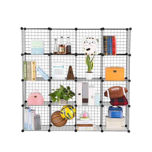 16-Cube DIY Wire Grid Bookcase, Multi Use Modular Storage Shelving Rack, Open Organizer Cabinet for Books, Toys, Clothes, Tools