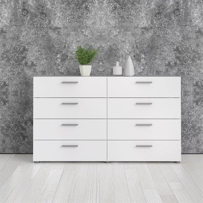 Modern Bedroom Double Drawer Unit, 8-Drawer Chest in White with Silver Handles, Manufactured Wood Dresser, Wide Storage Organizer for Bedroom or Living Room
