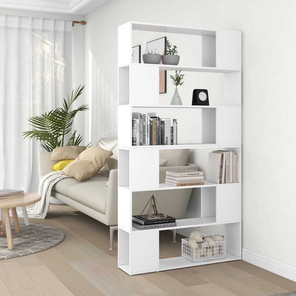 Puraday Tall Bookcase and Divider, White 100 x 24 x 188 cm, Modern Wall Shelf and Wooden Room Divider with an Elegant and Classic Design, Large Geometric Bookcase