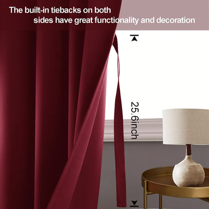 Blackout Curtains with Tiebacks - Thermal Insulated, Light Blocking and Noise Reducing Grommet Curtain Drapes for Bedroom and Living Room, Set of 2 Panels,