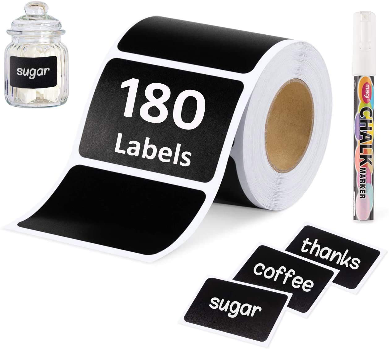 Premify 180 Chalkboard Labels & White Marker, Pantry and Storage Stickers for Jars, Kitchen Labels for Jars, Mason, Spice, Glass, Cups, Containers, Canisters, Bathroom, Laundry Room, Office Organizer