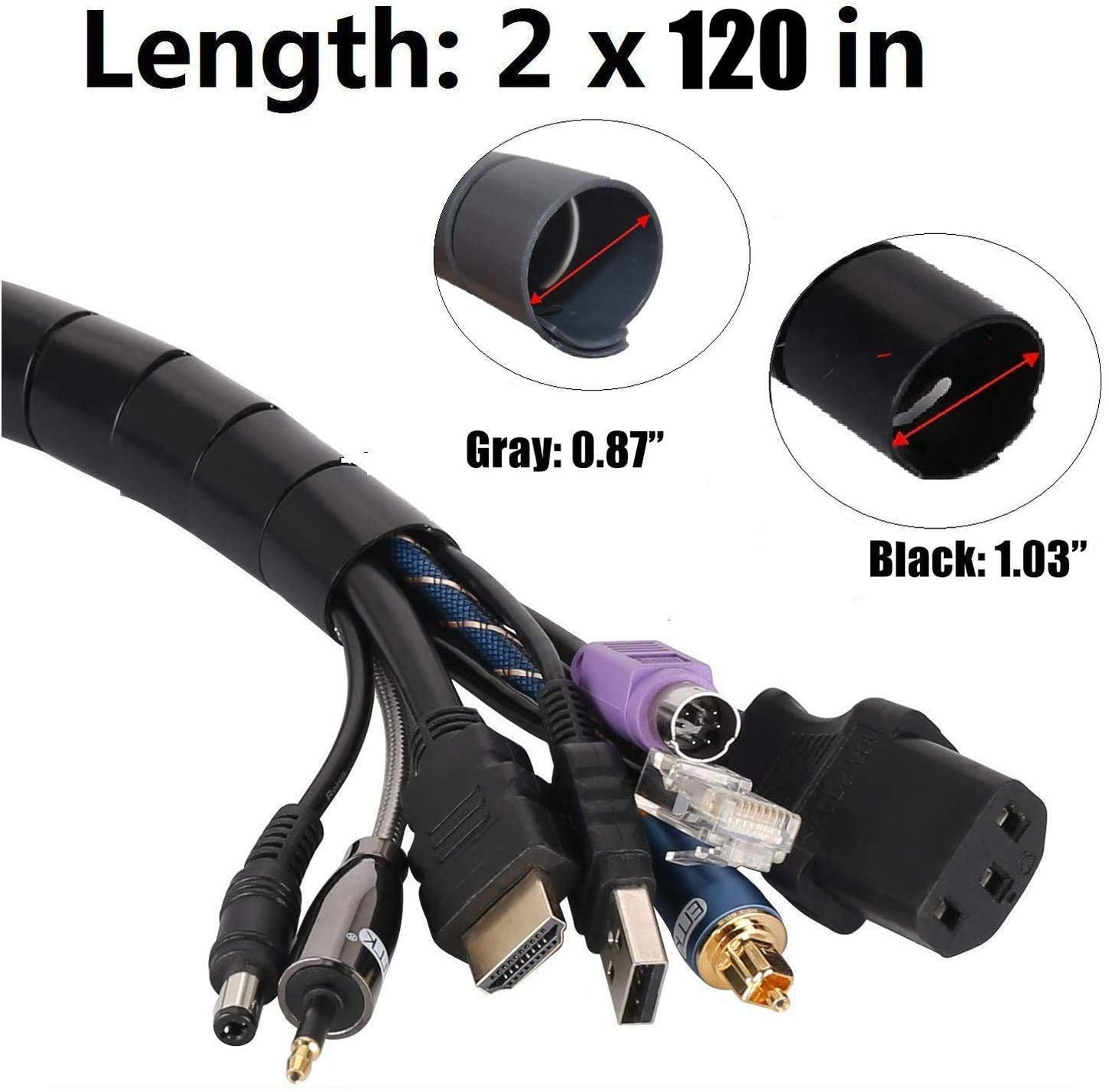 MOSOTECH Cable Tidy Sleeves, 2 X 120'' Cable Management Wire Tidy Cable Cover Protector for PC TV Computer, Home and Office Cord Organizer, DIY Flexible,Black,(?1.03“ and ?0.87")