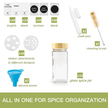 Thokono Spice Jars Square 24 Pieces with Bamboo Lid 120 ml, 10.5 x 4.5 cm Spice Jars Set with Screw Cap, Spice Shaker Glass with Shaker Insert, Spice Container Spice Storage Spice Jars