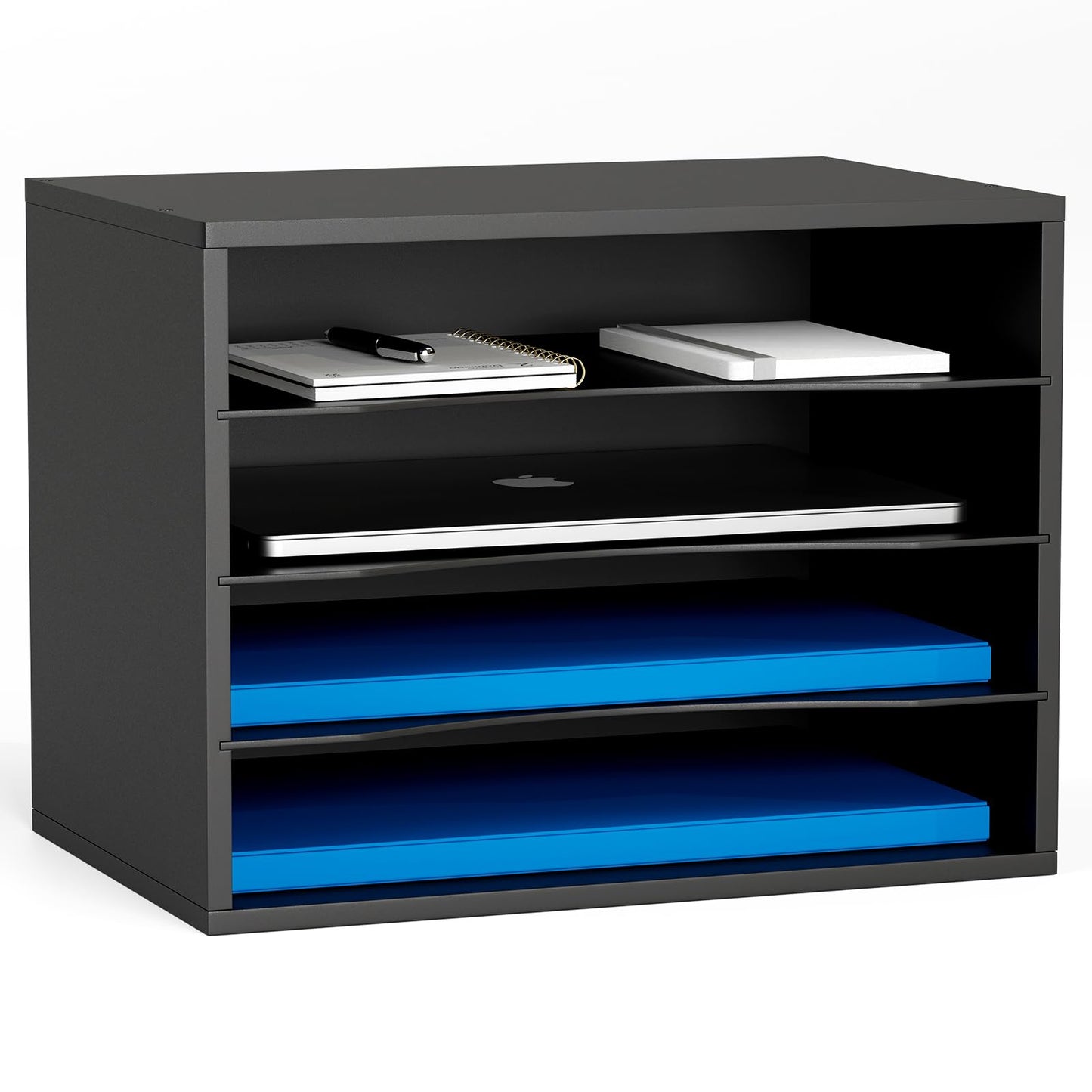 Wood Desktop Letter Tray and File Organizer, Paper Storage and MaiLSorter with 3 Adjustable Drawer Boards for Home and Office Use, Sturdy Construction in Black