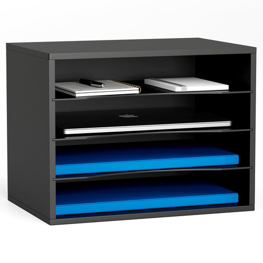 Wood Desktop Letter Tray and File Organizer, Paper Storage and MaiLSorter with 3 Adjustable Drawer Boards for Home and Office Use, Sturdy Construction in Black