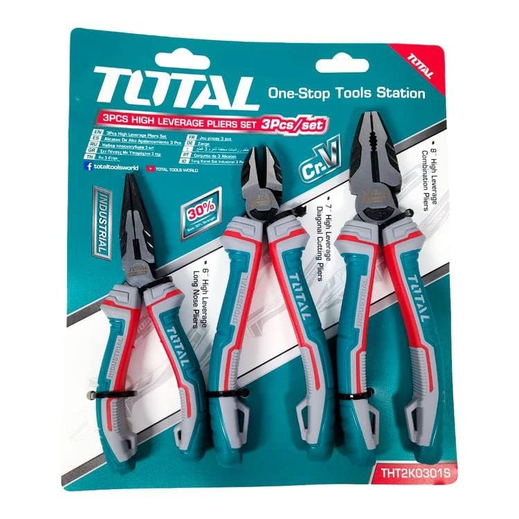 T 0TAL (THT2K0301S)- 3 pc Heavy Duty Pliers Set High Leverage Plier set, 8" Combination Pliers/7" Diagonal Cutting Pliers/6"Long Nose Pliers