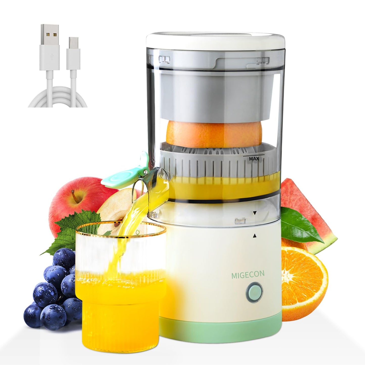 Migecon Citrus juicer, electric orange squeezer with powerful motor and usb charging cable, juicer extractor, lime juicer, suitable for orange, citrus, apple, grapefruit and pear.
