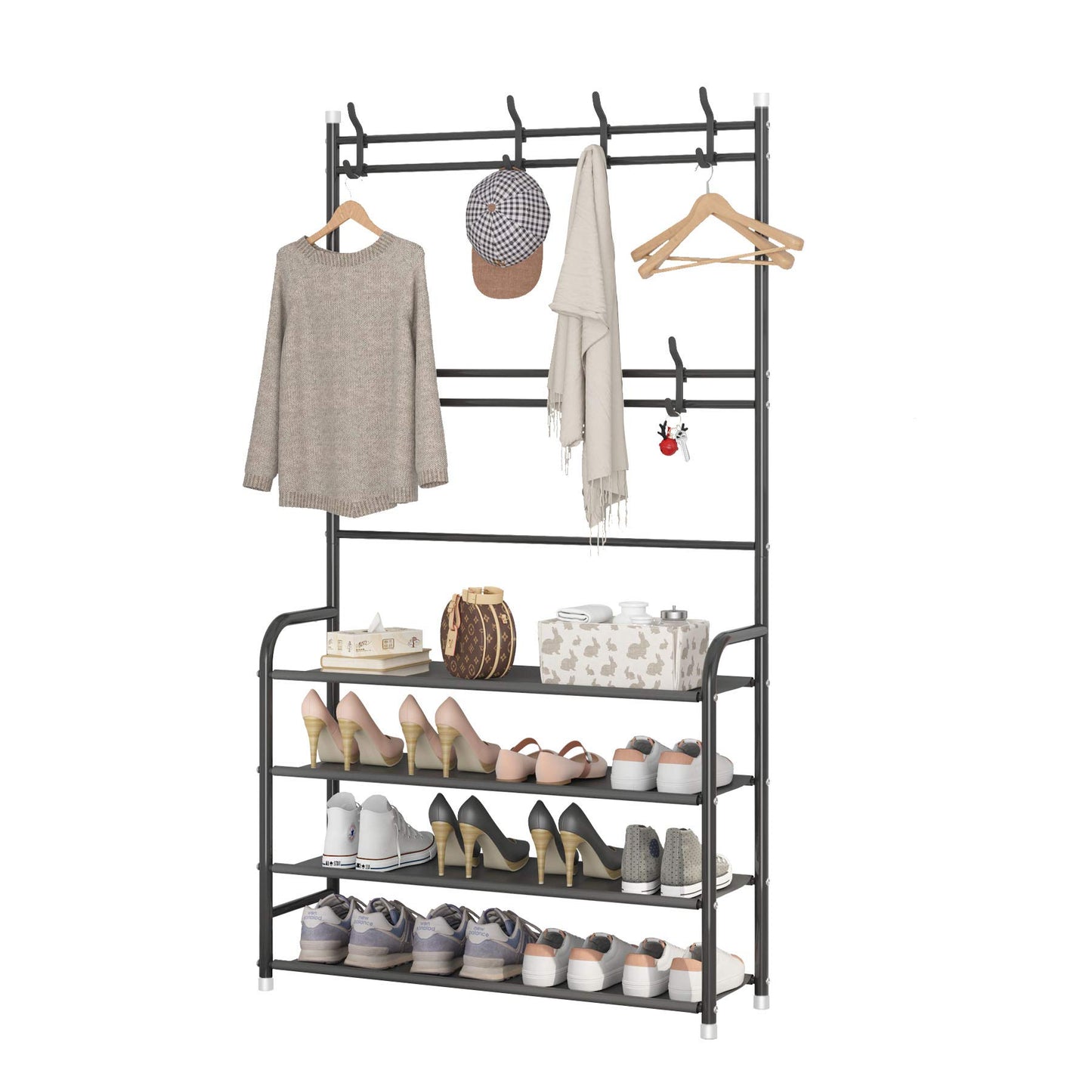 UDEAR Entryway Coat Rack,3-in-1 Hall Tree Multifunctional Storage Shelf with 4-Tier Shoe Bench and 8 Hooks,Easy Assembly,for Entrance Foyer Bedroom Barthroom,Black