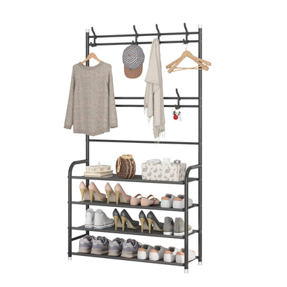 UDEAR Entryway Coat Rack,3-in-1 Hall Tree Multifunctional Storage Shelf with 4-Tier Shoe Bench and 8 Hooks,Easy Assembly,for Entrance Foyer Bedroom Barthroom,Black