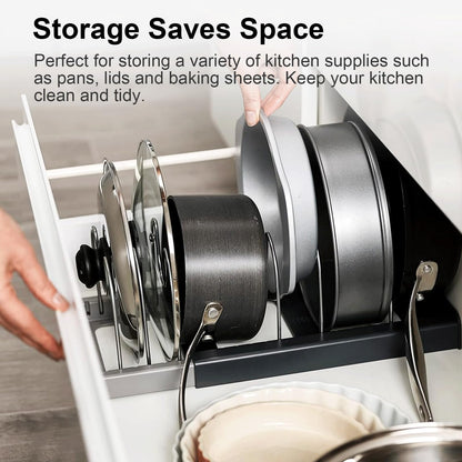 ZITUZY Expandable Organizer for 6 Lids or Pans, Pot Lid Holder, Kitchen Storage, Dish Holder for Drawer, Pot Rack, Dish Rack, Pot Holder Drawer