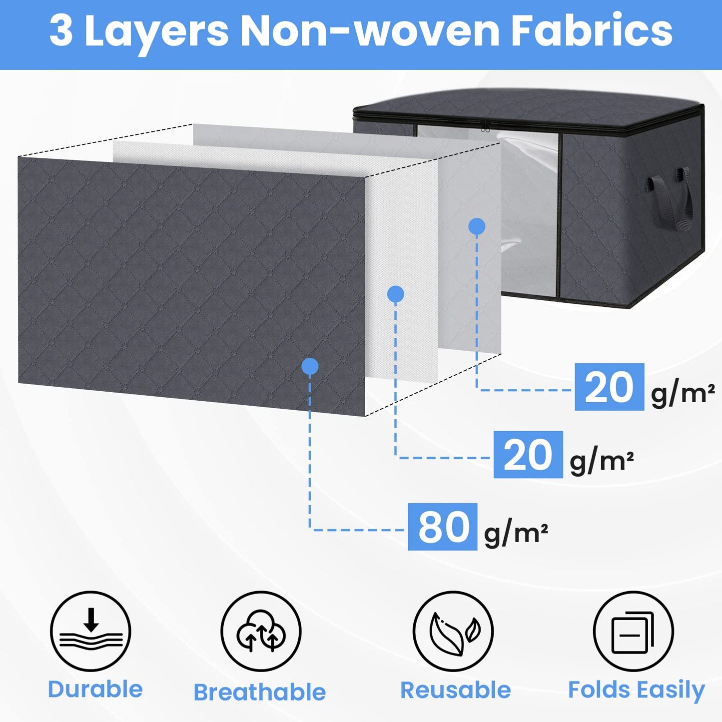 HomeHacks 2-Pack Foldable Storage Bag Organizer, Gray, 50L, Zipper Closure, Perfect for Bedding, Clothing, Seasonal Items