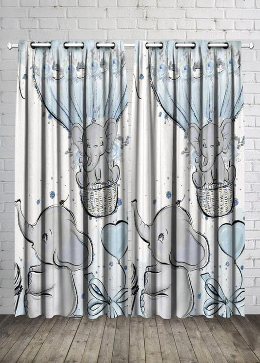 Kids Room Elephants and Balloons Baby Boy Curtain -Linen Velvet Fabric -Privacy - Steel Grommets - 2 Pieces