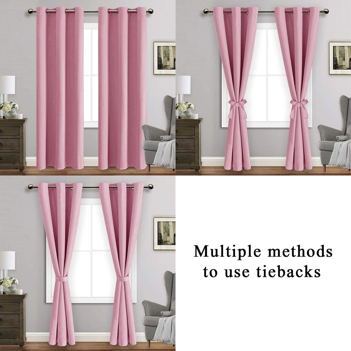 Blackout Curtains with Tiebacks - Thermal Insulated, Light Blocking and Noise Reducing Grommet Curtain Drapes for Bedroom and Living Room, Set of 2 Panels,