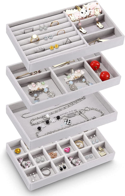 Kios Velvet Jewelry Drawer Inserts Trays, Earring Organizer Stackable Jewelry Display Trays, Box Ring Holder Necklace Case, Storage for Bracelet Brooch Watch, Set of 4 (Gray)
