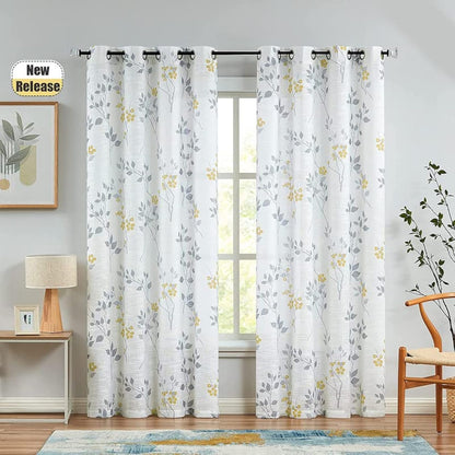 Rich Natural Linen curtains - Printed floral curtains- Semi-transparent - Steel grommets for living room, bedroom, kitchens, 1 piece