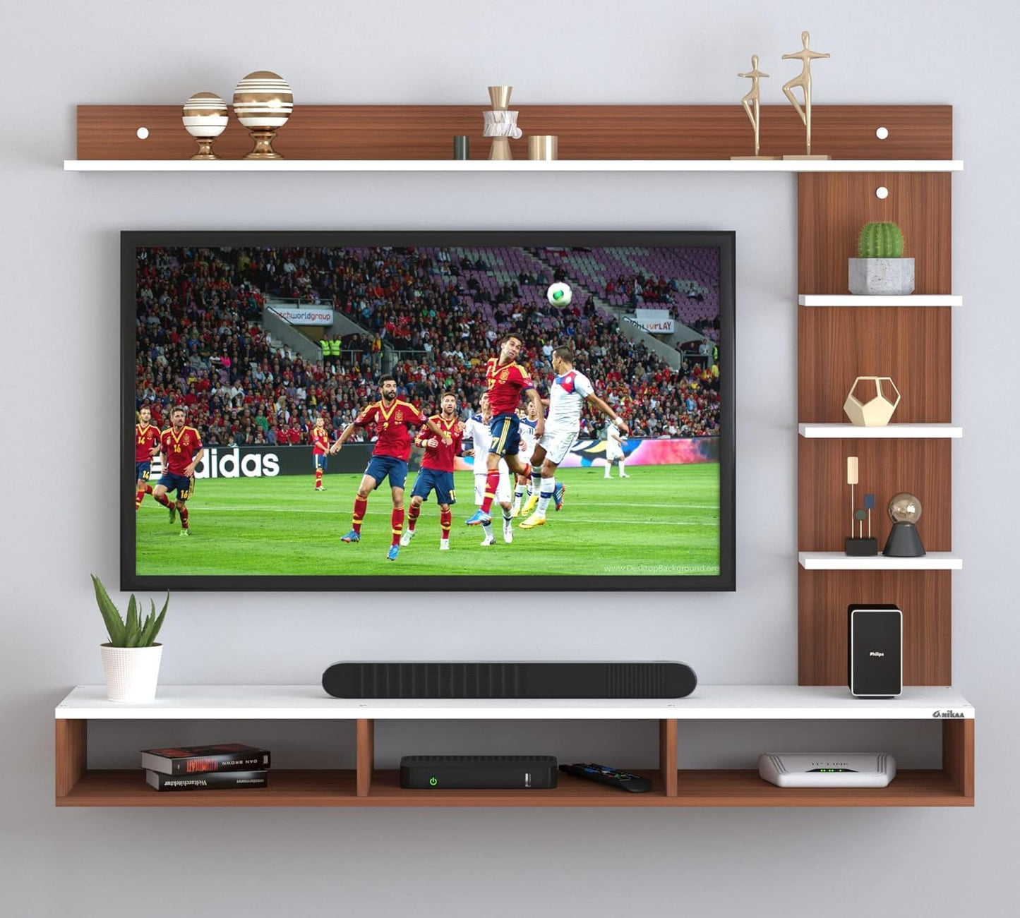 Wall-Mounted TV Top Unit, 130cm Floating Entertainment Shelf in a Two-Tone Walnut and White Finish, ManufacturedWood Media Shelf for a Contemporary Living Room Setup