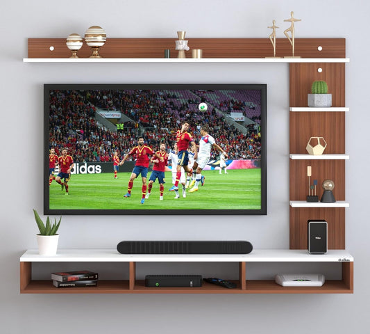 Wall-Mounted TV Top Unit, 130cm Floating Entertainment Shelf in a Two-Tone Walnut and White Finish, ManufacturedWood Media Shelf for a Contemporary Living Room Setup