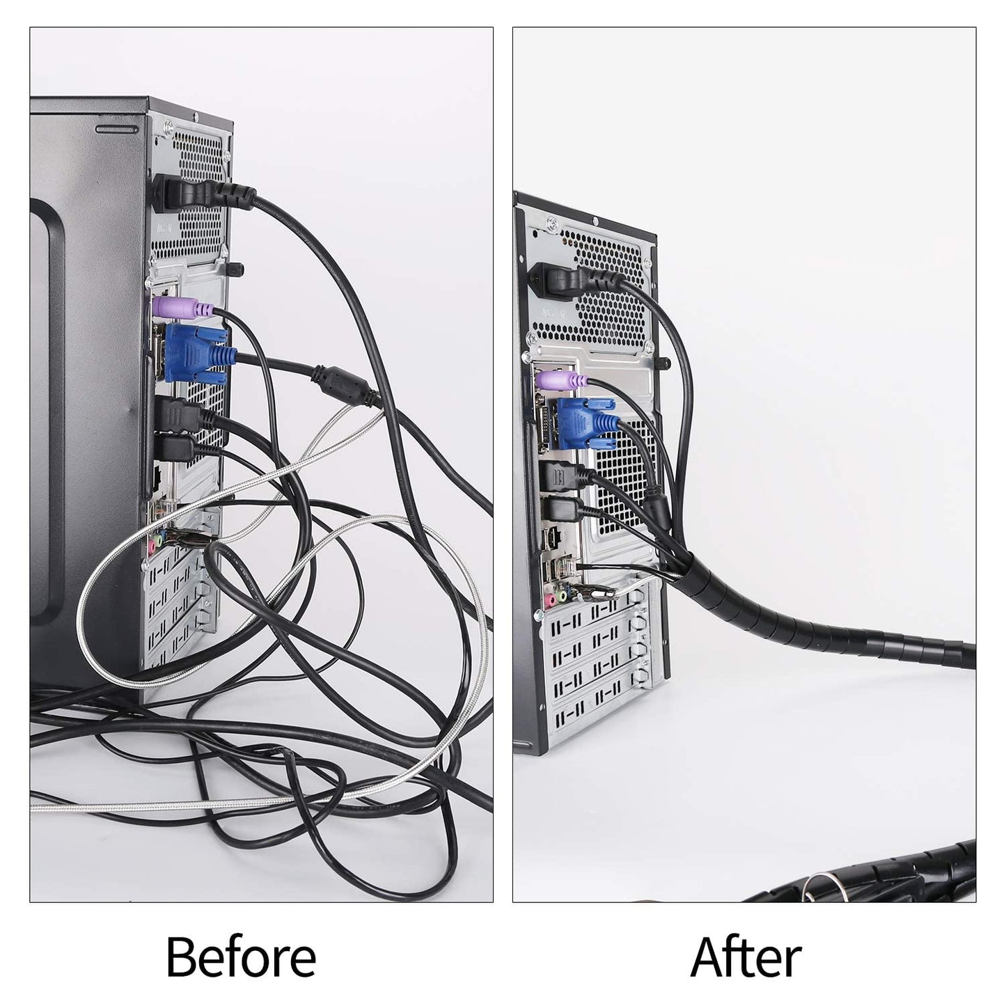 MOSOTECH Cable Tidy Sleeves, 2 X 120'' Cable Management Wire Tidy Cable Cover Protector for PC TV Computer, Home and Office Cord Organizer, DIY Flexible,Black,(?1.03“ and ?0.87")