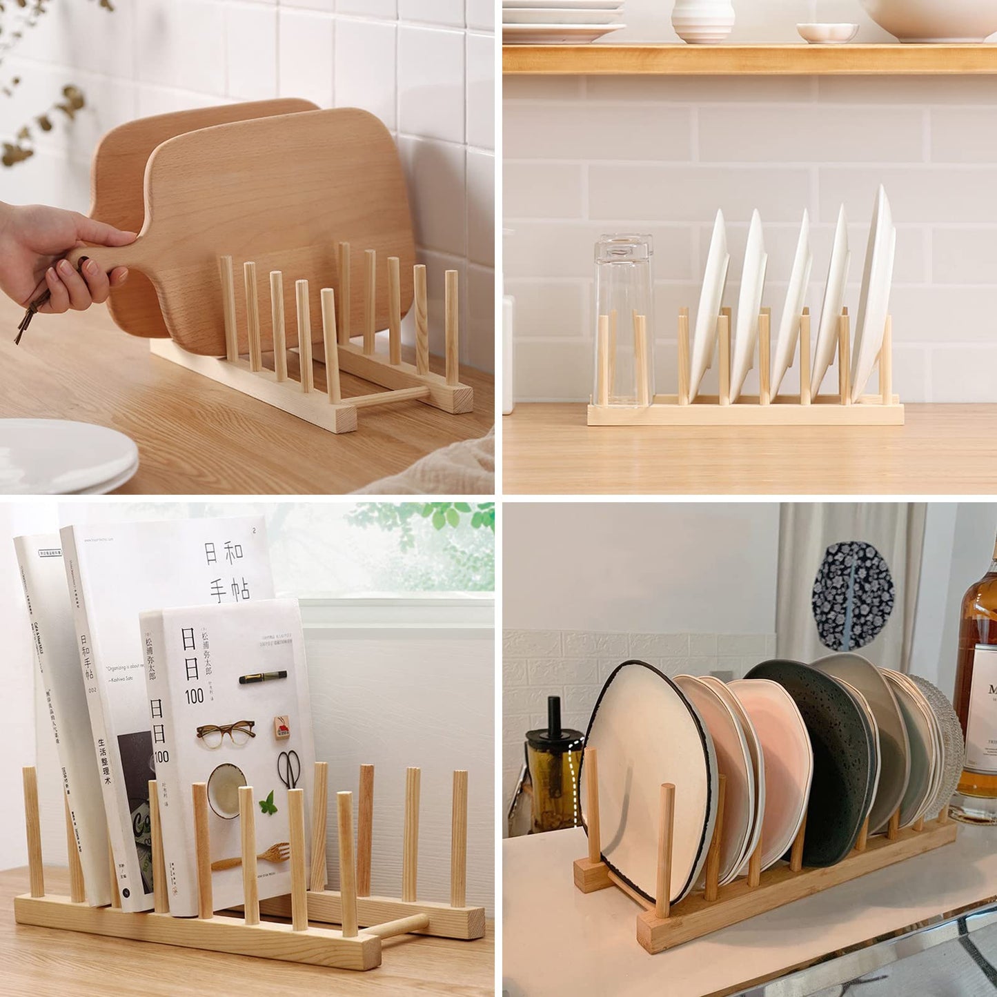 2PCS Bamboo Wooden Dish Rack, Plate Rack Stand Pot Lid Holder w/Holds 14 Plates, Kitchen Dish Plate Storage Cabinet Organizer Drainer w/ 7 Slots For Cup, Cutting Board, Bowl, Drying Rack And More