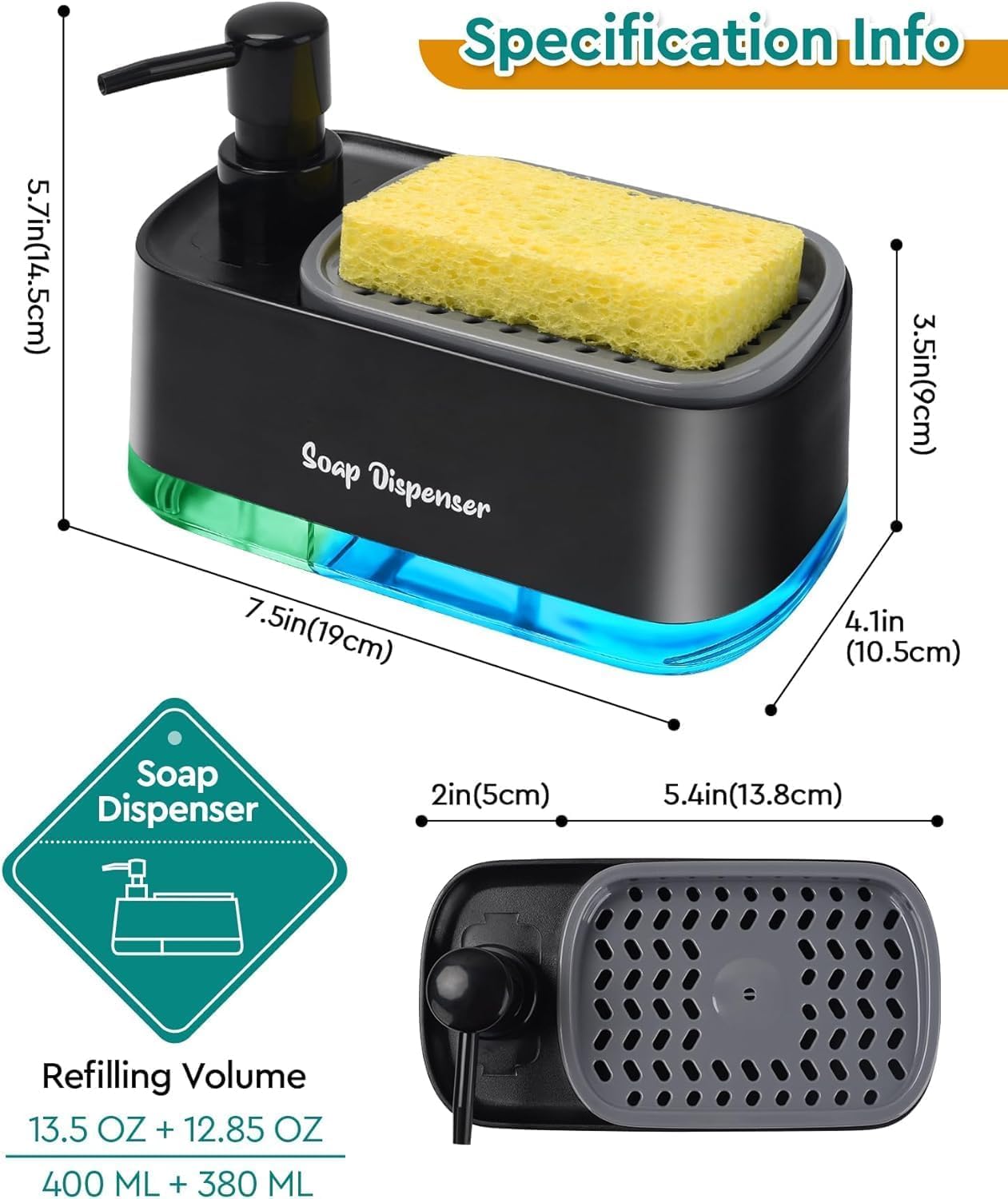 3 in 1 Soap Dispenser with Sponge Holder for Countertop - Non-Slip Dual Pump Refillable Dispenser and Hand Soap for Kitchen Sink, Essential Kitchen Tools (black)