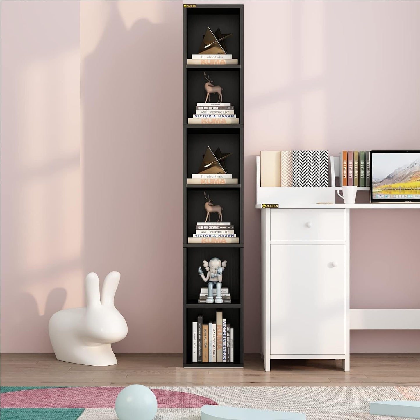 Tall Narrow Bookshelf, 6 Shelf Wooden Corner Bookcase, Modern Skinny Cubes Storage Organizer Display Shelving for Bedroom, Library, Living Room, or Home Office (Black)