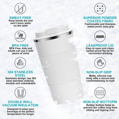 Reusable Travel Coffee Mug 510ml, Double-Walled Insulated Stainless Steel Cup with Leakproof Lid, Eco-Friendly Portable Tumbler for Hot and Cold Drinks, BPA-Free