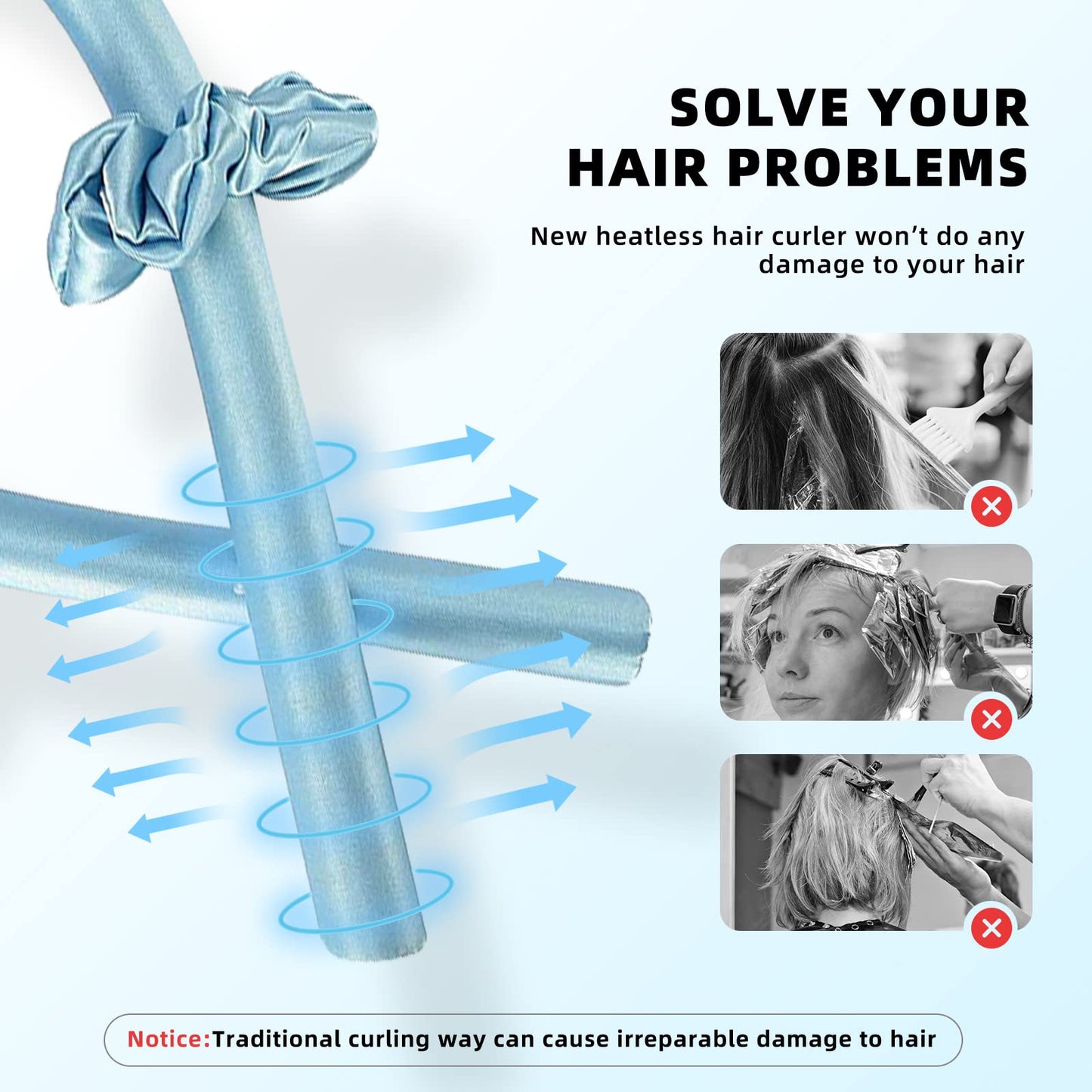 Esteopt Heatless Curls Ribbon, Silk Hair Curler Ribbon, No Heat Silk Curling Ribbon Set, Non-Slip Heatless Curler with Hairpin (Blue)