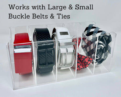 Acrylic Belt Organizer Display Box, 5-Compartment Clear Storage Case for Belts, Ties, and Bow Ties, Compact Closet Shelf or Drawer Organizer for Accessories, Transparent Design, Clear