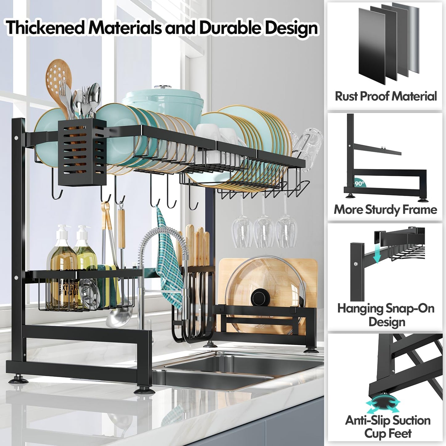 MAJALiS Dish Drying Rack in Sink, Small Dish Drainers for Kitchen Sinks, Expandable Over The Sink Dish Racks with Utensil Holder, Stainless Steel Plates Drying Rack, Black
