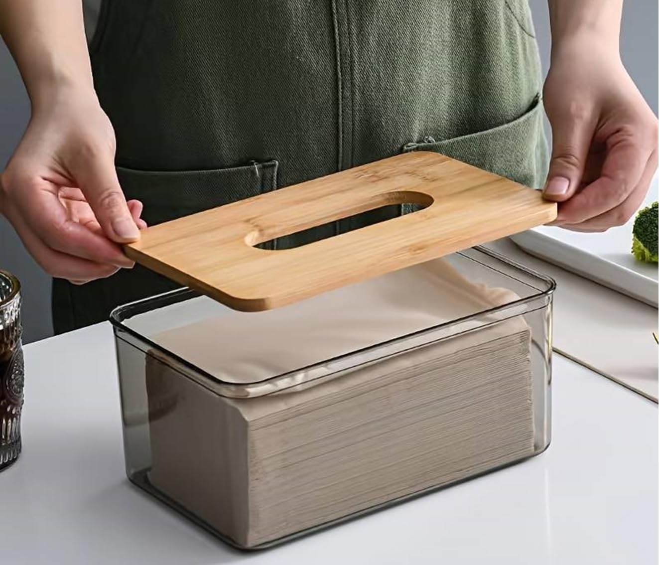 JAXHOM Countertop Tissue Paper Dispenser for Dining Table I Paper Napkin Holder with Bamboo Lid for Kitchen I Tissue Box Holder for Car and Restaurant